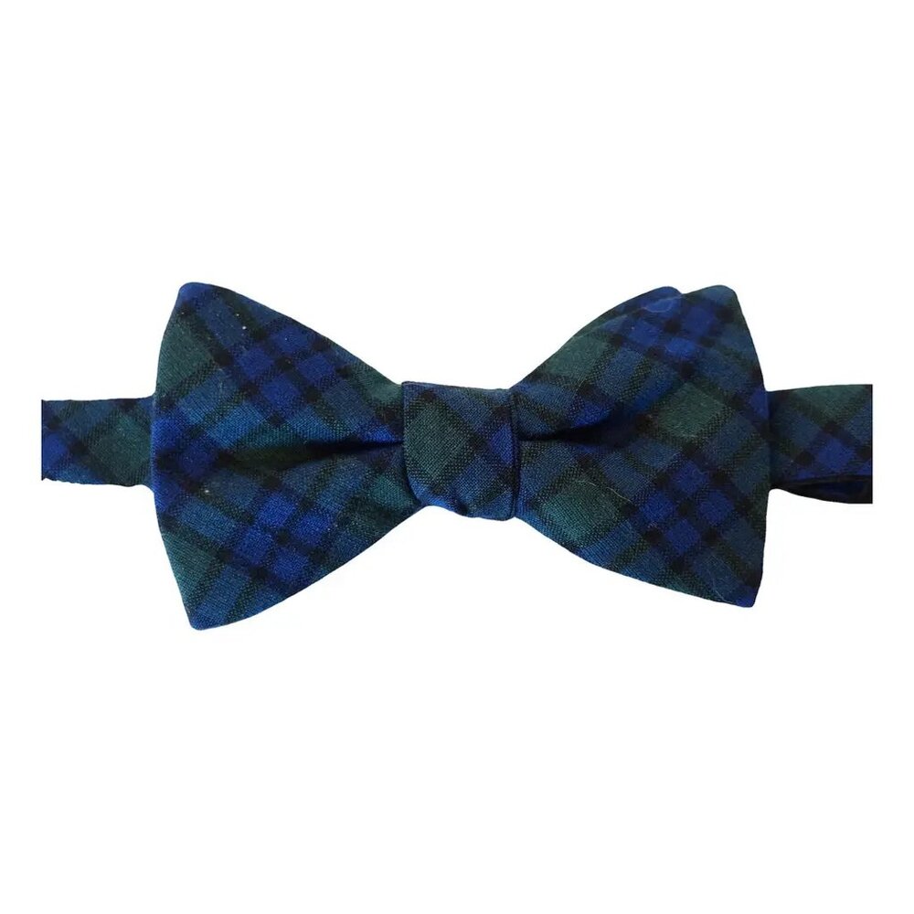 TOMMY HILFIGER Green Navy Wool Tartan Plaid Pre-Tied Bow Tie